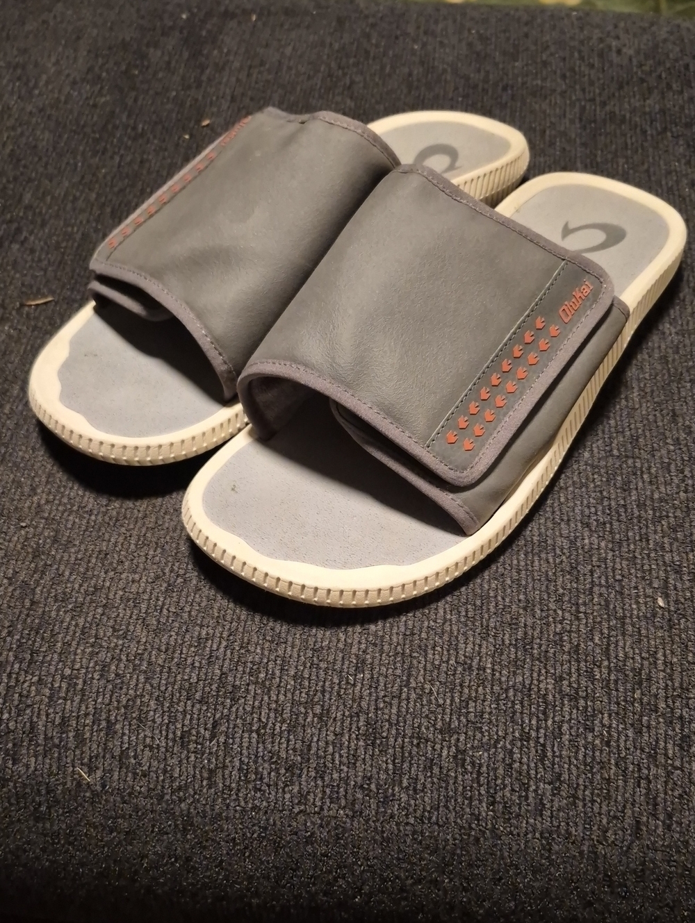 OluKai Men’s Gray Slide Sandals with Orange Accents